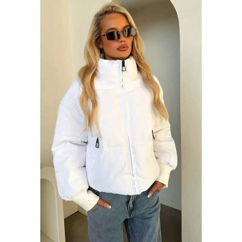 That's So Fetch Men's Long Plain Zip-Front Cuffed Ribbed Soft-Style Ajax Puffer Jacket, White, Comfy Casual Tops & Coats, Sleeved Menswear Outerwear