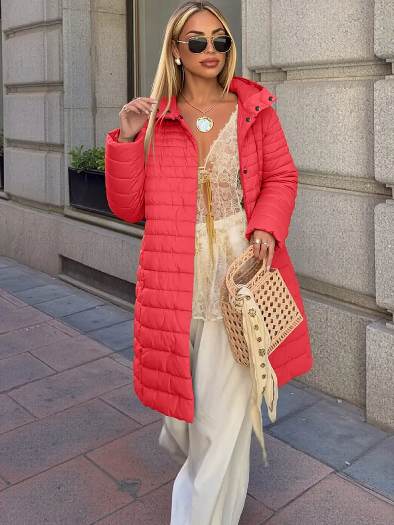 Women's Mid-Length Puffer Coat, Casual Hooded Top with Pockets and Buttons, Fall & Winter Warm Woven Outerwear, Lightweight Thick Fabric Womenswear