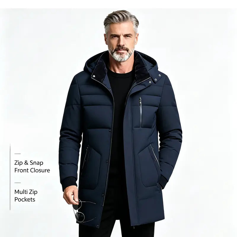 Men's Autumn Winter Mid-Length Hooded Down Coat - Quilted Outerwear Jacket, Coats for Casual Wear, Plain Design, Stylish Zipper-Button Front Closure, Multiple Zippered Pockets, Straight Cut, Casual Topstitching