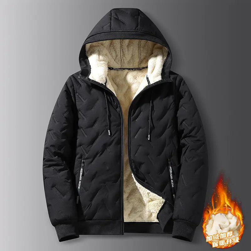 2026 New Stylish Menswear Men's Hooded Cotton-Blend Coat Jacket - Long-Sleeve, Plain, Casual, Warm Fleece-Lined Top with Ultrasonic Cotton Toothbrush Print, Fitted Cut, Medium Length, Attached Hood