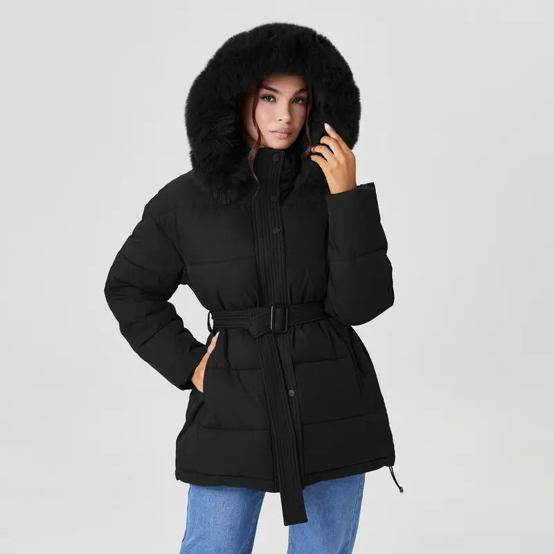 Katch Me Chic (US/CN)Women's Chic Solid Color Fluffy Hooded Zip-Up Belt Decor Cotton Coat, Cozy Outerwear Jacket for Fall & Winter, Classy Long Sleeve Womenswear