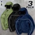 Men’s 3-Pack Hooded Full-Zip Lightweight Jackets, Reflective Piping Windbreaker Coats, Casual Outdoor Zip-Up Jackets with Elastic Cuffs & Hem, Fall/Spring Everyday Streetwear, Black/Navy/Green