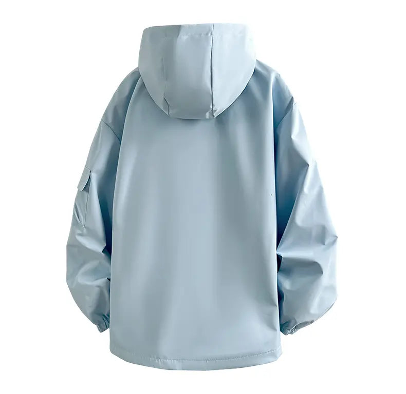 Men’s hooded windbreaker jacket, water-resistant fabric loose cargo outerwear with multiple zippered pockets, everyday outdoor casual top