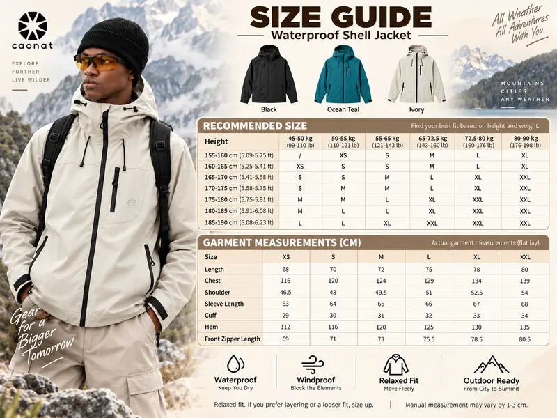 【CREATOR’S PICK】CAONAT Unisex Waterproof Hooded Jacket, Lightweight Outdoor Windbreaker with Zip Pockets, Adjustable Cuffs, Hiking & Casual Rain shell Jacket