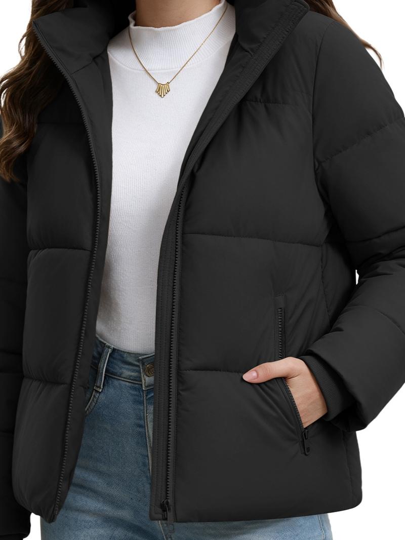 Women's Short Puffer Winter Jacket, Detachable Hood, SBS Zipper, Water Repellent 100% Polyester Fabric, Windproof Ribbed Cuffs, Secure Zip Pockets Casual Warm Outerwear for Daily Outdoor Wear