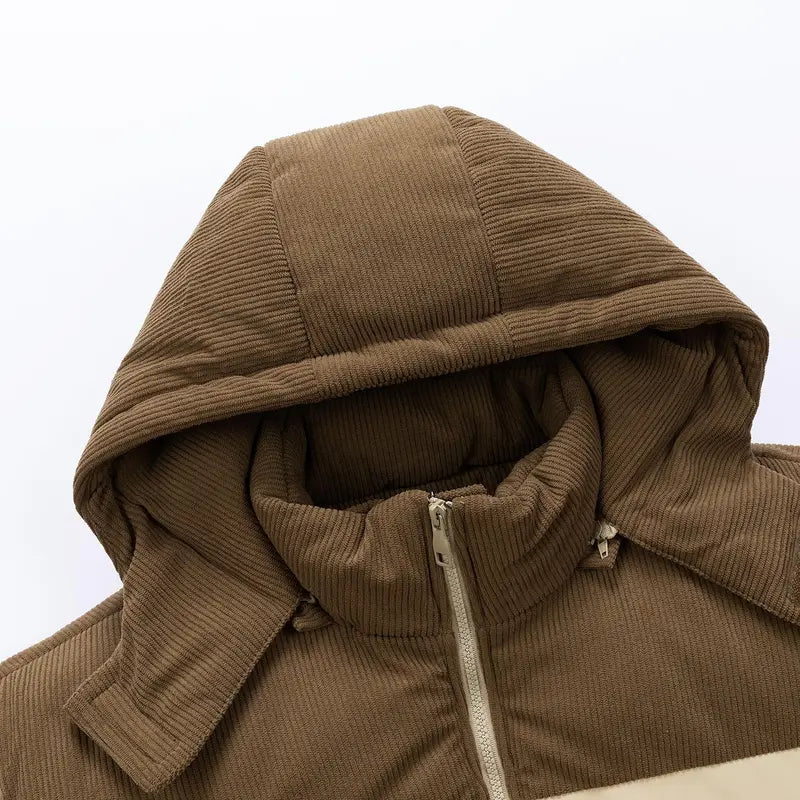 Men's Stylish Woven Color Block Padded Puffer Quilted Coat - Warm Fleece-Lined, Windproof Winter Outerwear with Removable Hood, Casual Jacket