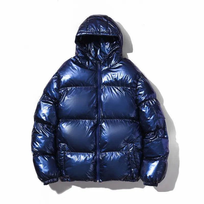 Mens Shiny Glossy Smooth Puffer Jacket - Zip-Up Hooded, Thick Cotton-Padded Menswear Garment, Ribbed, Windproof Thermal, Loose Fit, Clean Minimalist Stylish Casual Streetwear, Side Pockets for Cold Winter Comfort