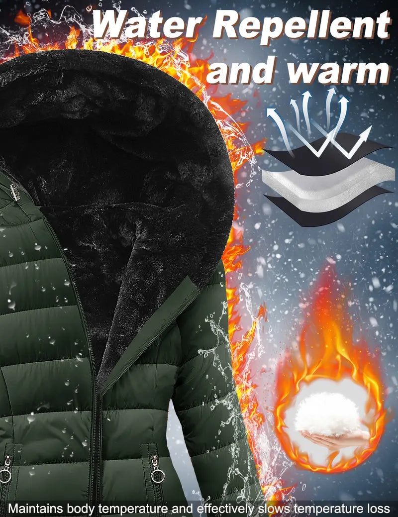 HEEKPEK Lady's Hooded Neck Fitted Long Sleeve Full Arm Down Fabric Jacket - Windproof, Waterproof, Fur-Lined, Zipper Front, Stylish Tops for Women for Commuting, Outdoor Activities