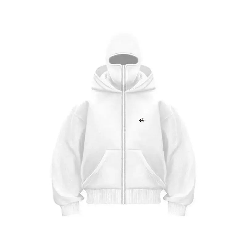 Unisex Double Hood Balaclava Full Zip Hoodie, Y2K Streetwear Boxy Cropped Fleece Sweatshirt, Ski Mask Face Cover Zip Up Jacket for Men Women, Multiple Colours