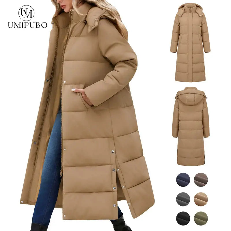 UMIPUBO Lady's Long Sleeve Fitted Casual Long Maxi Down Coat, Winter Puffer Jacket, Warm Padded Outerwear, Tops with Removable Faux Fur Hood, Full-Zip Parka