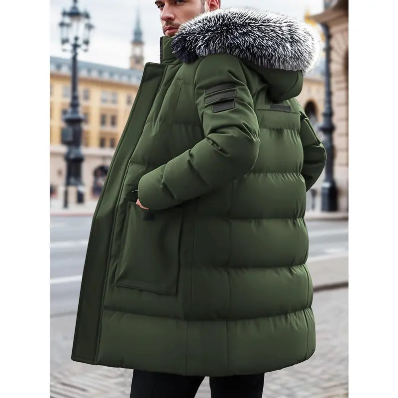 Men's Winter Heavy-duty Long Parka Coat, Thick and Warm Insulation, Detachable Faux Fur Hood Pocket with Large Pocket, Suitable for Skiing and Commuting