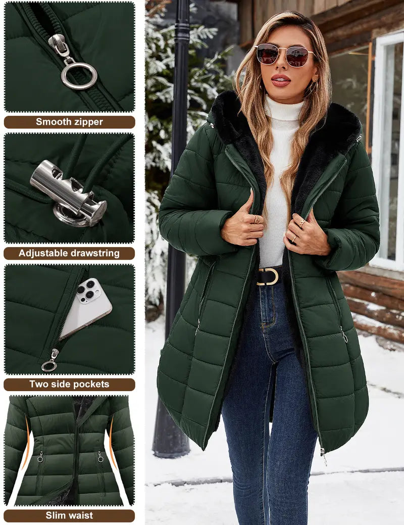 HEEKPEK Lady's Hooded Neck Fitted Long Sleeve Full Arm Down Fabric Jacket - Windproof, Waterproof, Fur-Lined, Zipper Front, Stylish Tops for Women for Commuting, Outdoor Activities