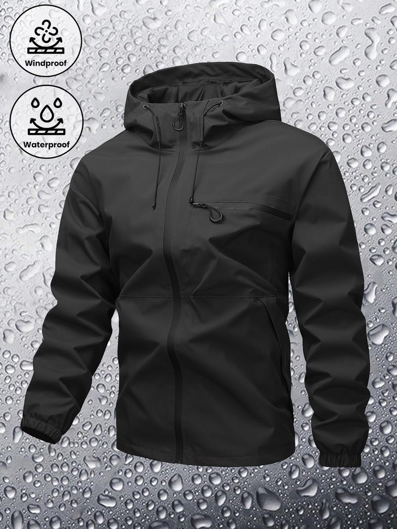 Men's Fitted Zip-Up Hooded Baseball Bomber Jacket - Plain/Stripe Print, Waterproof, Windproof, Drawstring Long Sleeves, Zipper Pocket Casual Outerwear for Outdoor Activities