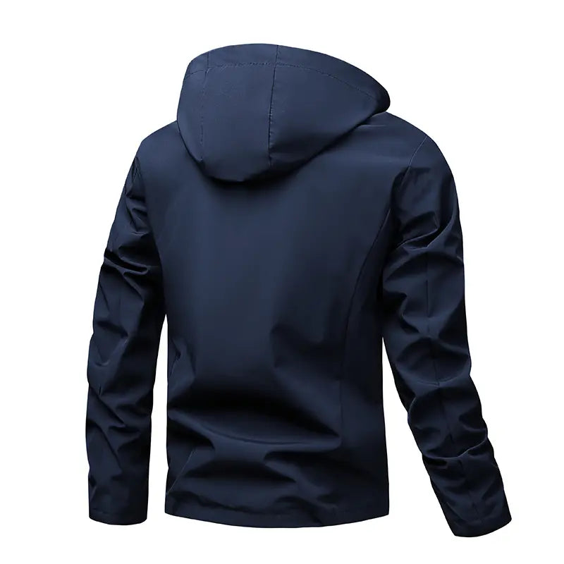 Men's Lightweight Hooded Windbreaker Jacket - Casual Outdoor Fashion Coat with Utility Pockets & Sleeve Patch Beige Long Sleeve