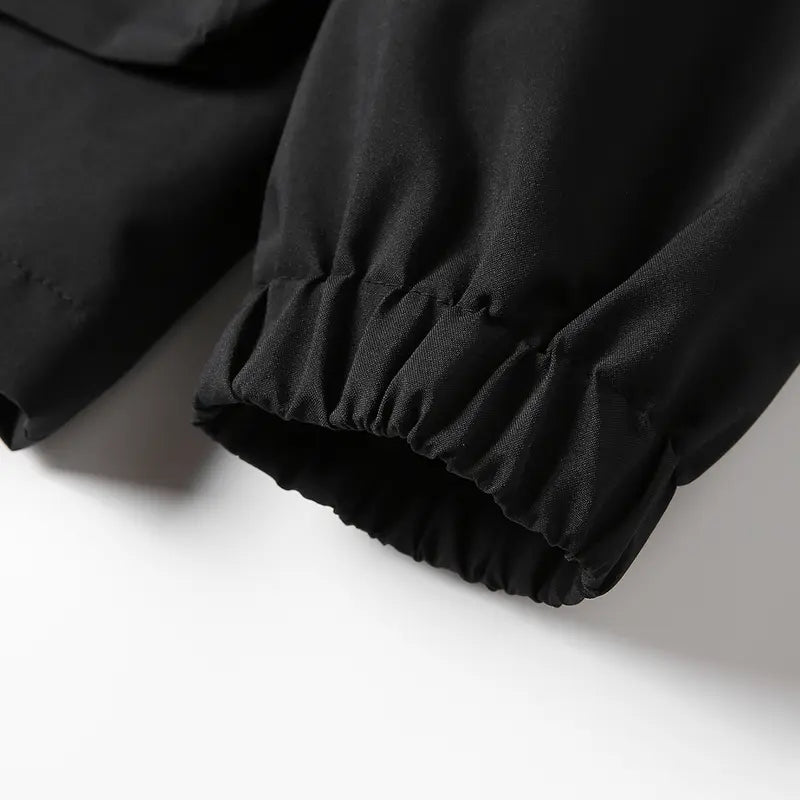 Men's Black Hooded Windbreaker Coat - Menswear Tops, Multi-Pocket Design with Yellow Contrast Tabs, Drawstring Adjustable Hood, Elastic Cuffs & Hem, Water-Repellent Fabric, Full Zip, Plain, Machine Wash for Spring Autumn Urban Street Casual Outfits