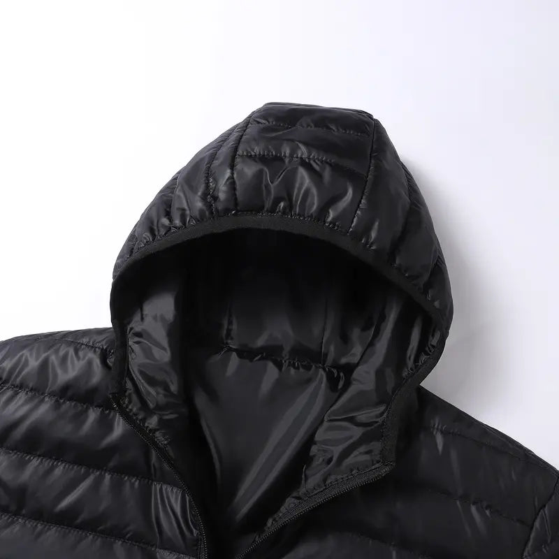 Men's Hooded Puffer Coat - Menswear Longsleeve Plain Retro Top, Fitted Zippered Fleece-Lined Lightweight Warm Winter Parka with Pockets for Outdoor Ski, Casual Outfits
