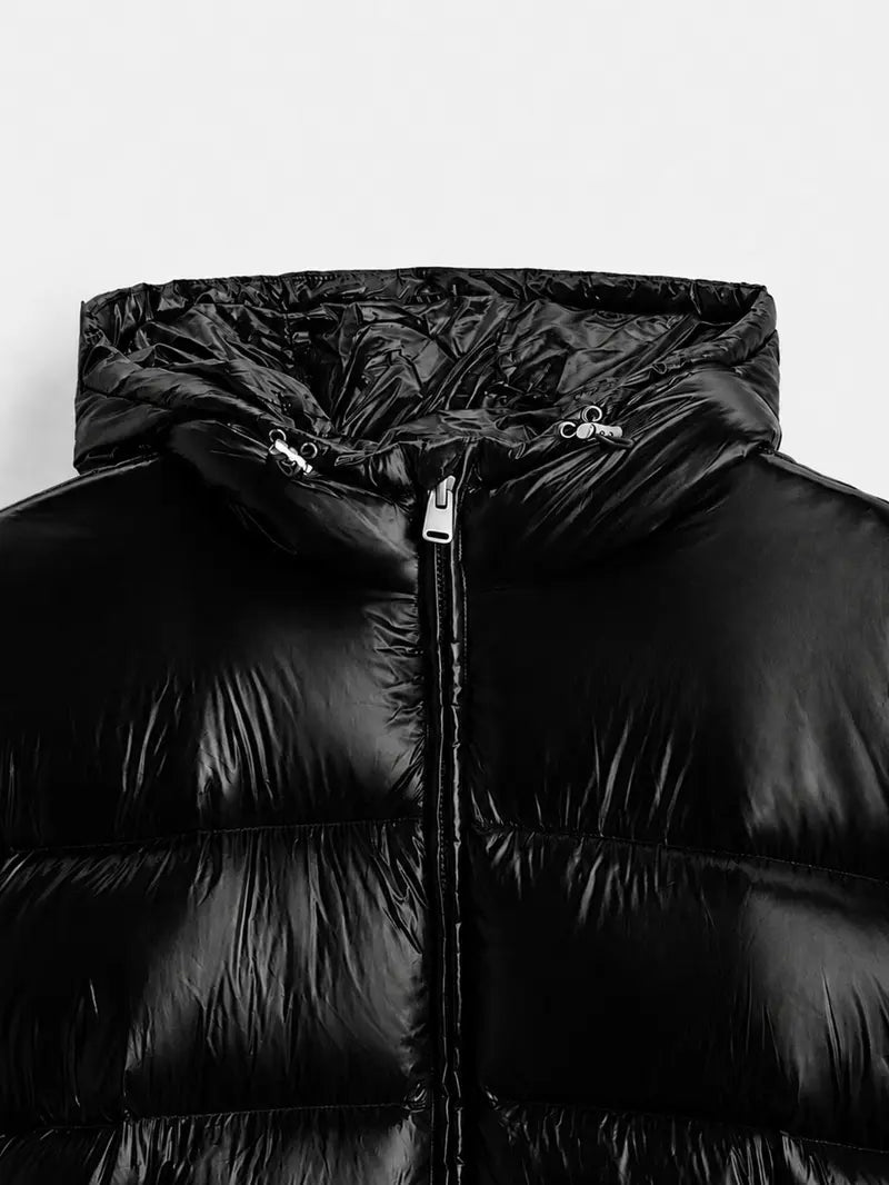 Men's Glossy Hooded Puffer Jacket, Full Zip Quilted Outerwear with Elastic Cuffs for Fall Winter Streetwear & Everyday Layering, Model Wears One Size Up for a Relaxed Look