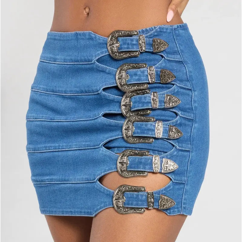 Buckle Down High-Rise Denim Skort