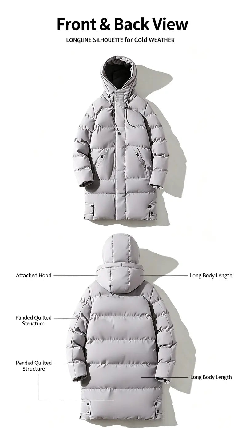 Men’s Winter Long Plain Puffer Jacket (Plus Size/Big & Tall) - Polyester-Filled Heavyweight Quilted Windproof Coat, Adjustable Drawstring Hood, Snap Buttons Hem, Zip-Up Street Chic Warm Jacket for Extreme Cold