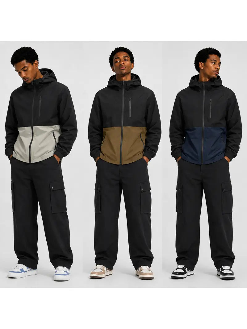 Men’s Color-Block Hooded Hardshell Coat - Tear-Resistant, Wear-Resistant Menswear with Contrast Zip, Multiple Waterproof Zippered Pockets, Adjustable Drawstring Hood, Long-Sleeve Outerwear for Autumn/Winter Mountaineering, Hiking