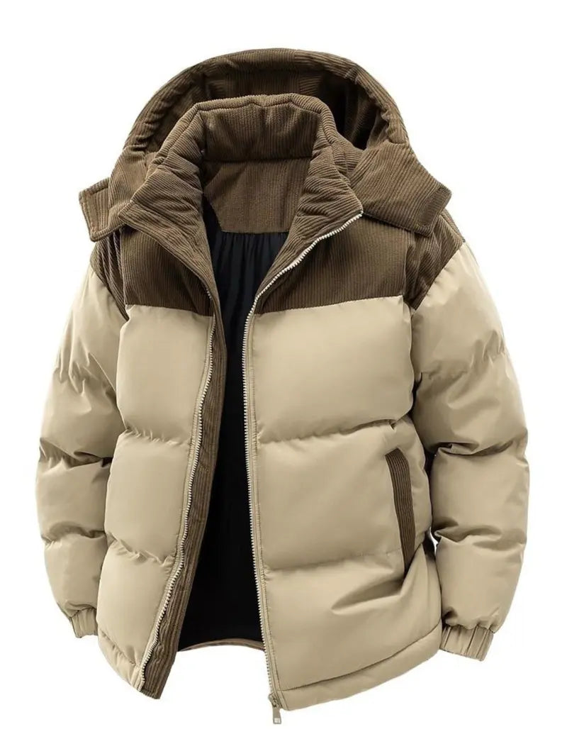 Men's Casual Thick Hooded Down Jacket, Polyester Fiber Filled, Winter Color Block Design, Long Sleeve Detachable Hat, Warm Outerwear, Coats