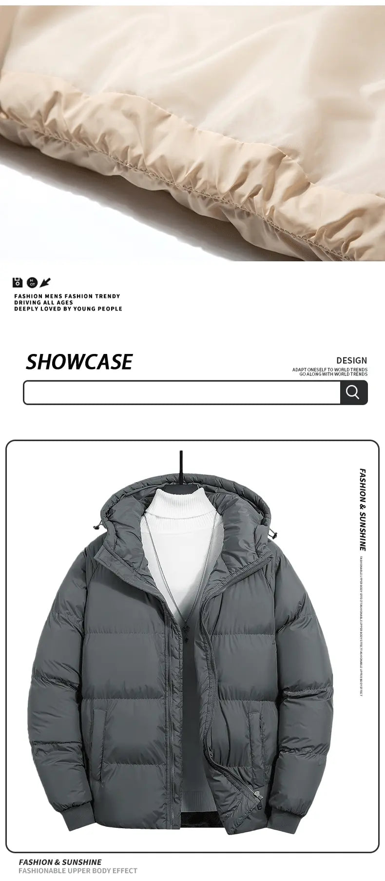 Men's Woven Cotton Hooded Puffy Jacket - Puffy Shape, Long-Sleeve, Zip-Up, Windproof, Loose Fit, Autumn Winter Warm Casual Streetwear Clothing, Fashion Streetwear Top with Pockets, M