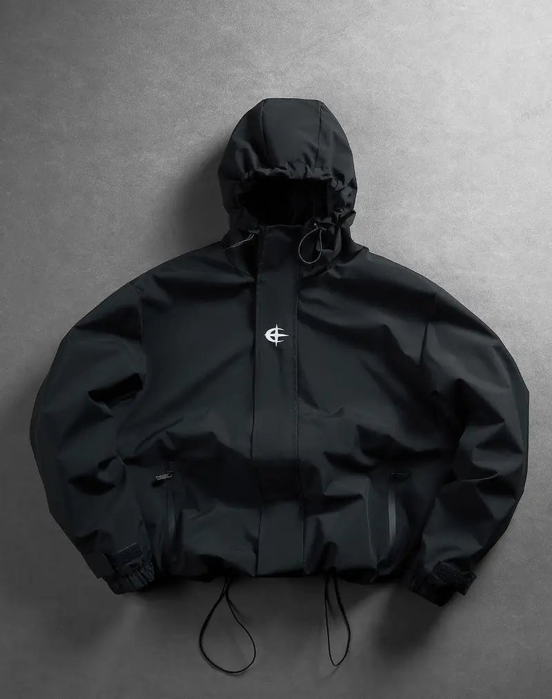 Men's Polyester Lightweight Windproof Hooded Rain Jacket - Men's Clothing Zip-Front Track Jacket, Water-Resistant Breathable Black Outdoor Wear with Adjustable Hood for Running, Hiking
