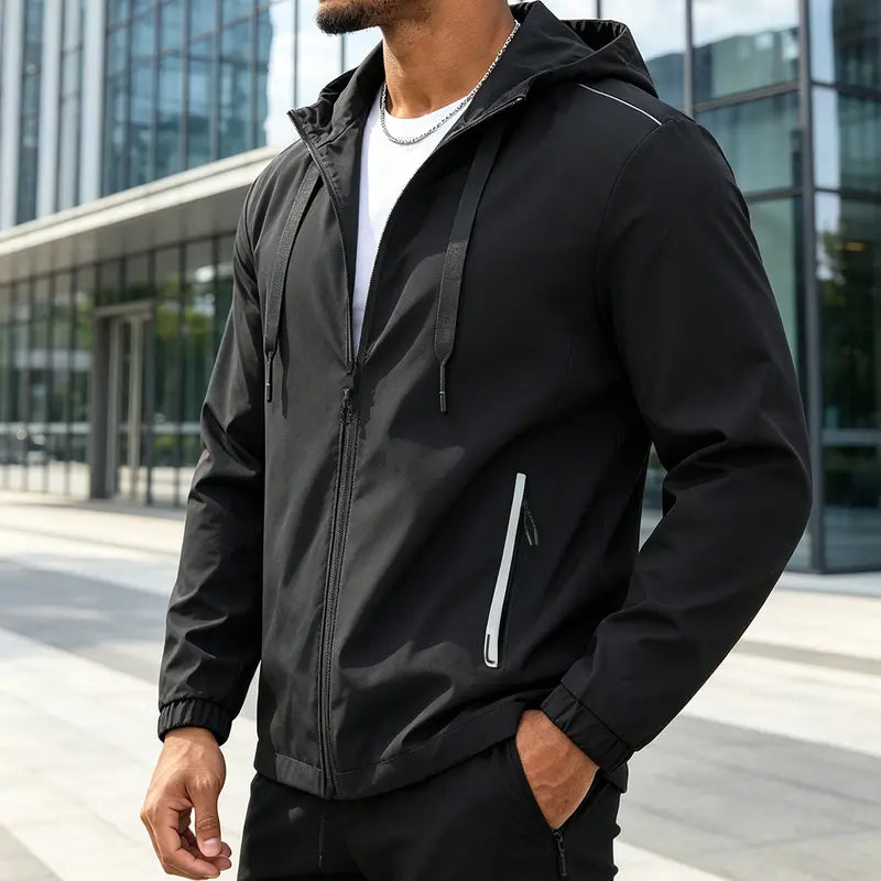 Men's Standard Lightweight Stylish Plain Polyester Hooded Windbreaker Jacket - Menswear Tops, Long Sleeve, Water-Resistant, Full-Zip, Reflective Zipper Pockets, Casual Coat for Outdoor Hiking, Daily Wear