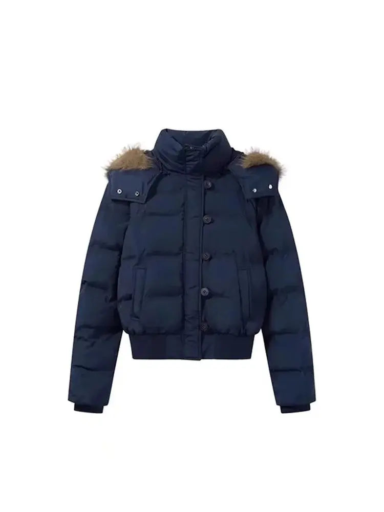 Autumn Winter Fur Hooded Jacket Women Outerwear Thick Dowon Cotton Padded Slim Short Parkas Female Cropped Puffer Bubble Coat