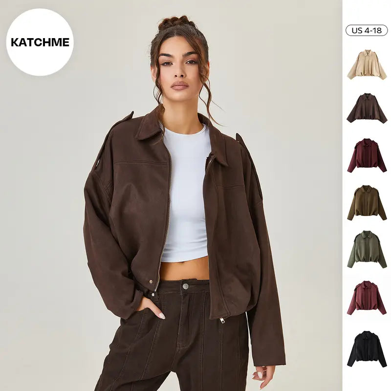 Katch Me Chic(US/CN)Women's Winter Vintage Collared Zipper Long Sleeve Jacket, Cozy Solid Color Oversized Outerwear for Lady, Versatile Loose Outfits for Daily Wear, Soft Womenswear #TikTokMadeMeBuyIt #SohoChic #ComfyOutfit