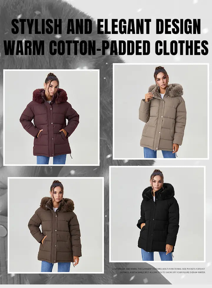 Katch Me Chic (US/CN)Women's Chic Solid Color Fluffy Hooded Zip-Up Belt Decor Cotton Coat, Cozy Outerwear Jacket for Fall & Winter, Classy Long Sleeve Womenswear