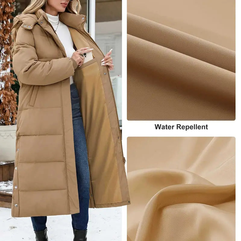 UMIPUBO Lady's Long Sleeve Fitted Casual Long Maxi Down Coat, Winter Puffer Jacket, Warm Padded Outerwear, Tops with Removable Faux Fur Hood, Full-Zip Parka