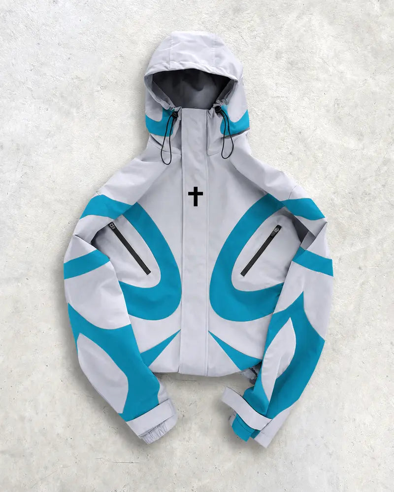 Men's Baggy Cross-Print Hooded Zip-Up Techwear Windbreaker Jacket - Textured Woven Fabric, Waterproof, Long-Sleeve, Lightweight, Unisex Fit, Patchwork, Outdoor/Party/New Year Wear, Biker Streetwear Work Top