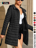 Women's Mid-Length Puffer Coat, Casual Hooded Top with Pockets and Buttons, Fall & Winter Warm Woven Outerwear, Lightweight Thick Fabric Womenswear