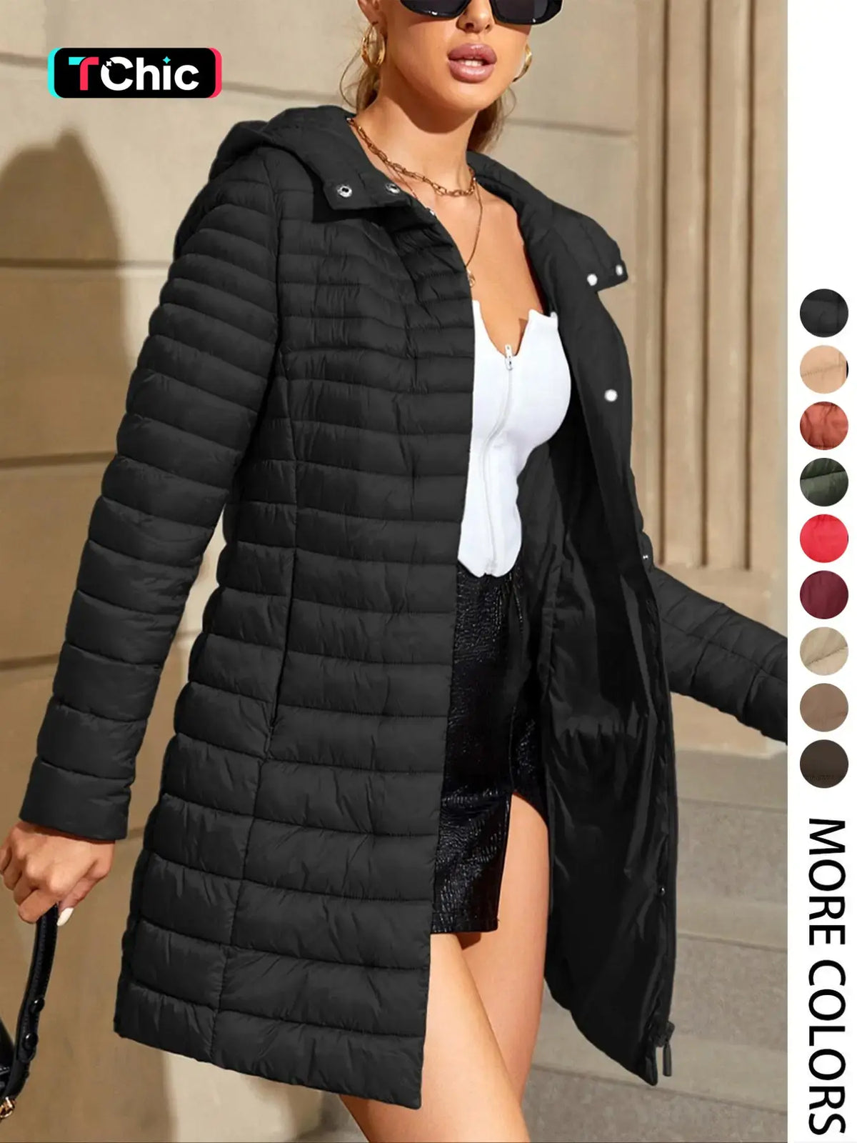 Women's Mid-Length Puffer Coat, Casual Hooded Top with Pockets and Buttons, Fall & Winter Warm Woven Outerwear, Lightweight Thick Fabric Womenswear