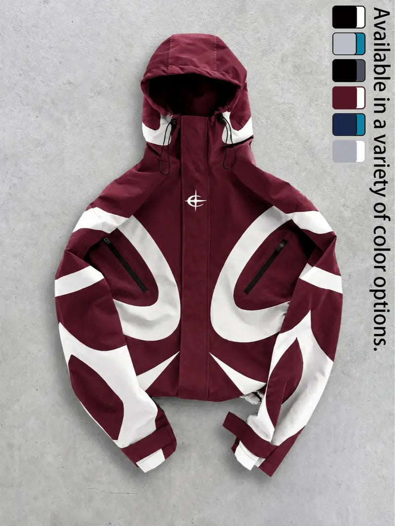 Men's Outdoor Streetwear Hooded Jacket, Techwear Color Block Windbreaker, Lightweight Water Resistant Zip Up Coat, Utility Pocket Casual Shell, Adjustable Hood, Urban Hiking Travel Motorcycle Fall Spring Outerwear, Men's Fashion Daily Wear, TrendyFit