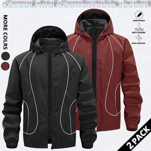 Men's Chic Woven Waterproof Windproof Front Zip Hooded Jacket - Rain-Ready Year-Round Menswear Top Coat with Drawstring, Striped Print, Zipper Pockets, Suitable for Outdoor Activities - SpringStatements