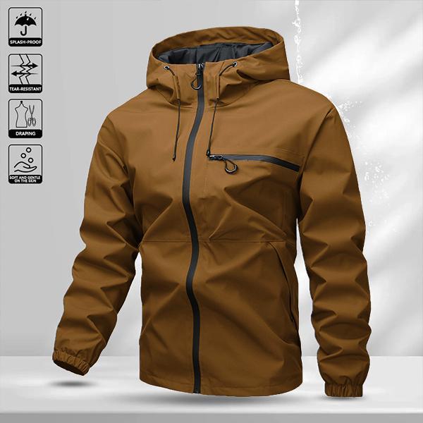 Men’s solid-color waterproof windproof hooded jacket with drawstring and zipper, casual long sleeves with zippered pockets, outdoor activity outerwear, men’s all-season clothing
