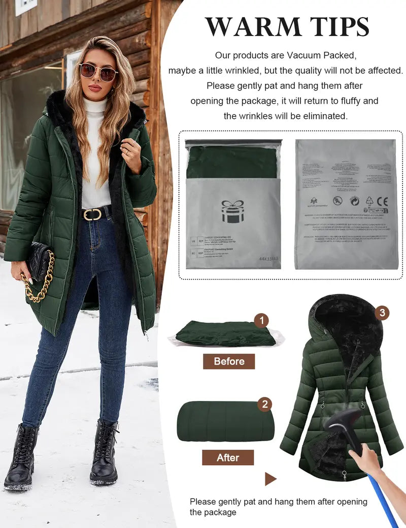 HEEKPEK Lady's Hooded Neck Fitted Long Sleeve Full Arm Down Fabric Jacket - Windproof, Waterproof, Fur-Lined, Zipper Front, Stylish Tops for Women for Commuting, Outdoor Activities