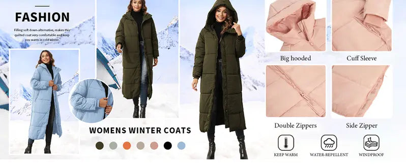 Danedvi Women's Long-Sleeve Soft Padded Quilted Hooded Neck Maxi Down Puffer Jacket - Ribbed Windproof Shell, Pocket, Zippered Closure, Chic Cold-Weather Outerwear, Holiday Gift, Fashionable Basic for Date Outings, Perfect Gift, Down Jacket