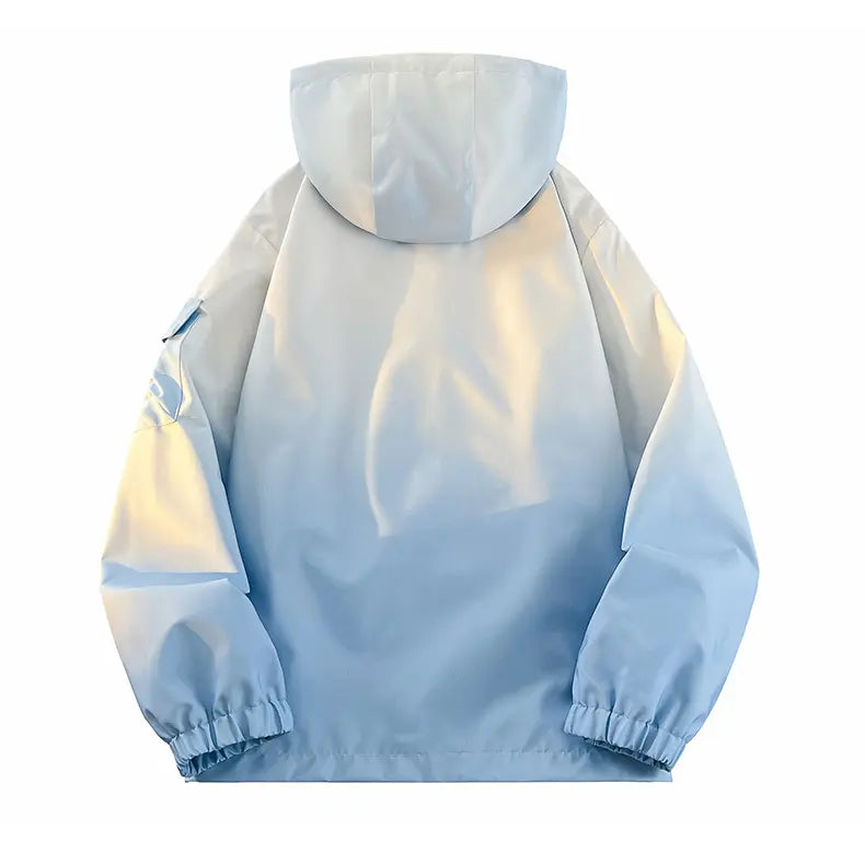 Men’s Gradient Long Sleeve Hooded Work Jacket - Polyester, Loose-Fit, Zip-Up, Multiple Pockets, Windproof, Casual Fashion Outerwear, Modern Style Lightweight Work Jackets, Zip Up Hoodies