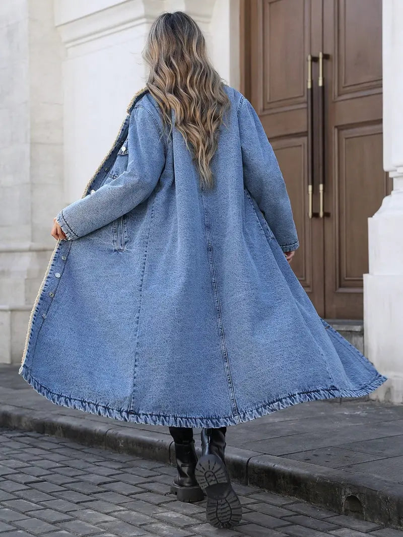 Women's Fall Winter Chic Fashion Long Cozy Denim Jacket with Long Sleeves, Elegant Lapel Single Button Fleece Lined Warm Coat, Casual Versatile Outerwear