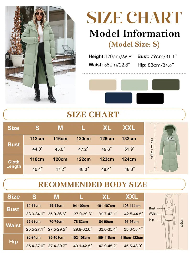 FASHORA Women Long Quilted Coat Hooded Maxi Length Long Sleeve Puffer Jacket Padded Coat Winter Outerwear Water-repellent