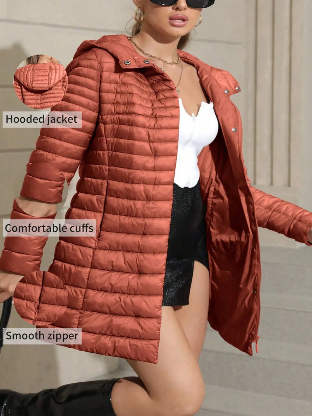 Women's Mid-Length Puffer Coat, Casual Hooded Top with Pockets and Buttons, Fall & Winter Warm Woven Outerwear, Lightweight Thick Fabric Womenswear