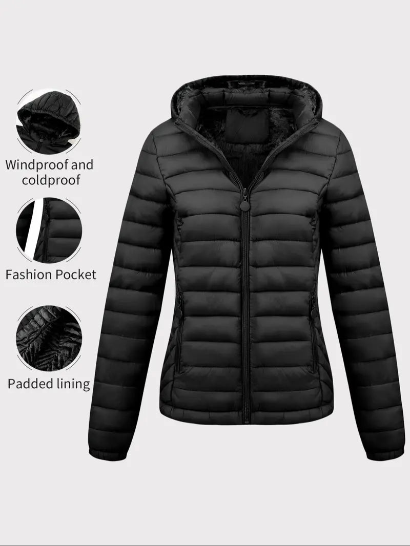 Women's Winter puffer Jacket, Casual Fitted Hooded Quilted Coat with Pockets, Warm Lightweight Commuter Outerwear for Fall & Winter