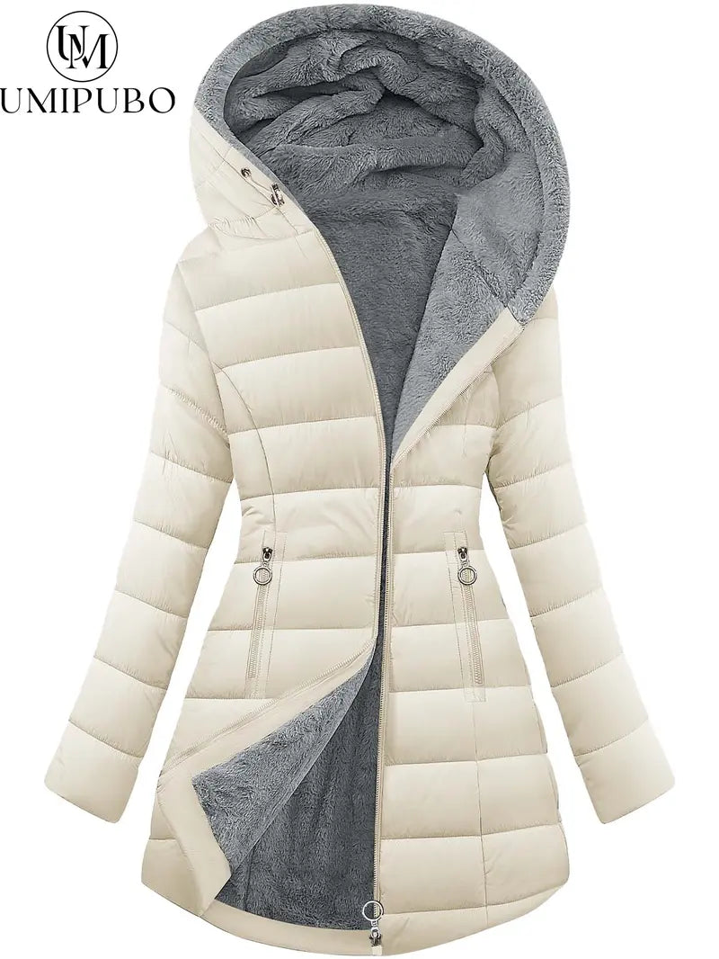 UMIPUBO Women's Long Sleeve Furry Puffer Down Jacket - Windproof, Waterproof, Slim Fit, Adjustable Coat for Commuting, Winter Outfits