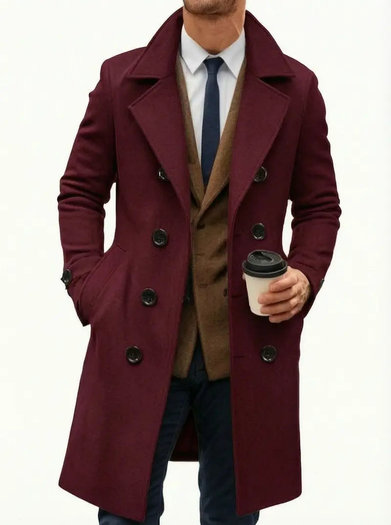 Men’s long trench coat jacket with notched lapel collar, double-breasted design, slim fit, classic mid-length overcoat