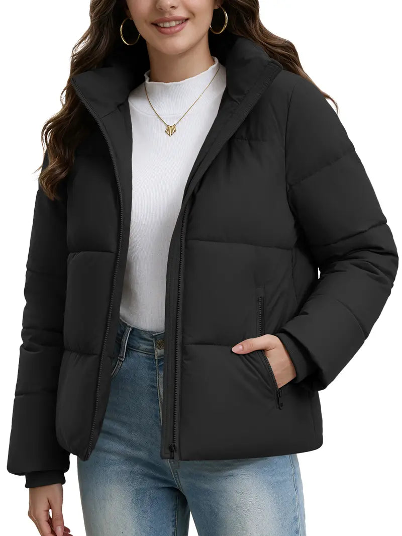 Women's Short Puffer Winter Jacket, Detachable Hood, SBS Zipper, Water Repellent 100% Polyester Fabric, Windproof Ribbed Cuffs, Secure Zip Pockets Casual Warm Outerwear for Daily Outdoor Wear