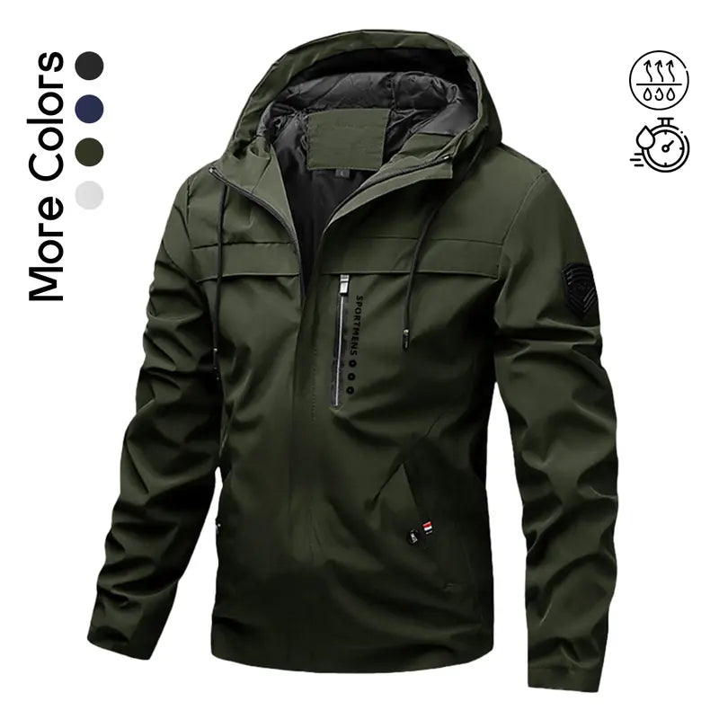 Men's Lightweight Hooded Windbreaker Jacket - Casual Outdoor Fashion Coat with Utility Pockets & Sleeve Patch Beige Long Sleeve