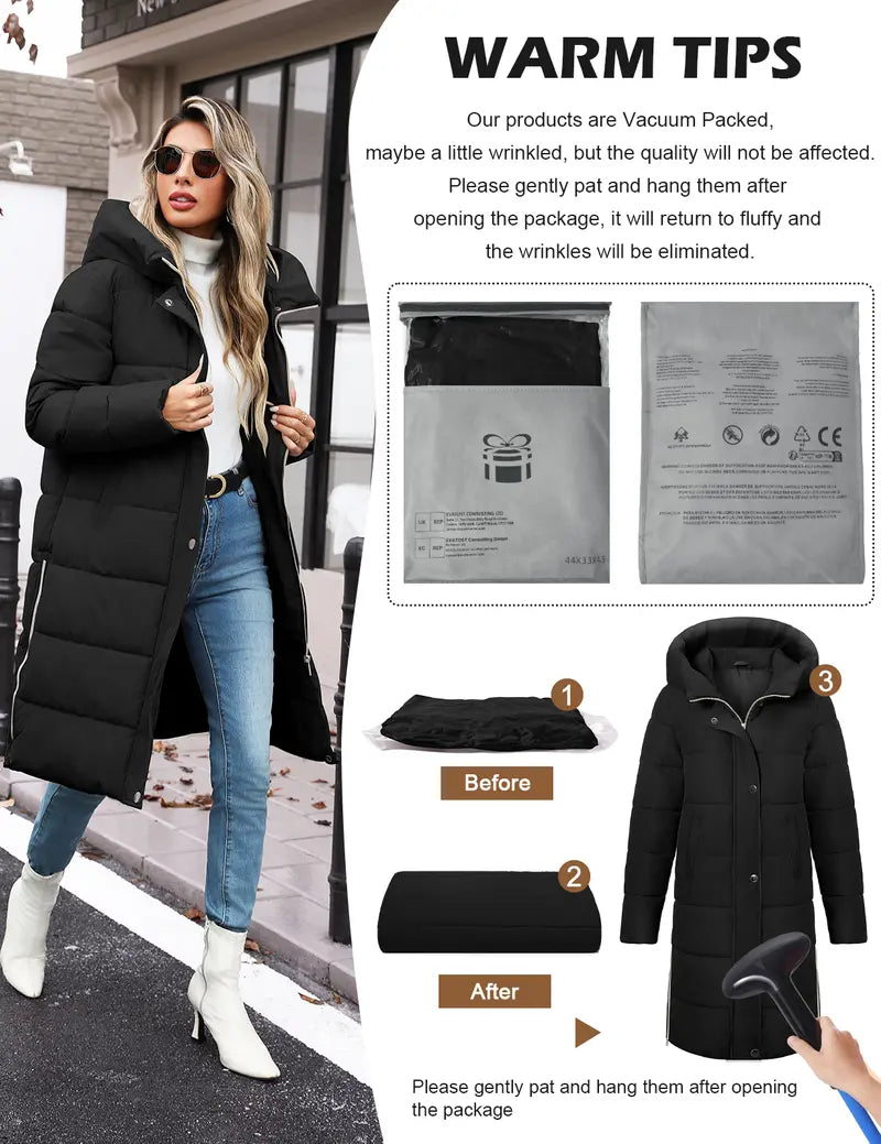 Womens Winter Long Puffer Coats Down Thicken Warm Quilted Jacket Mid-Length with Side Zipper and Hood Outerwear